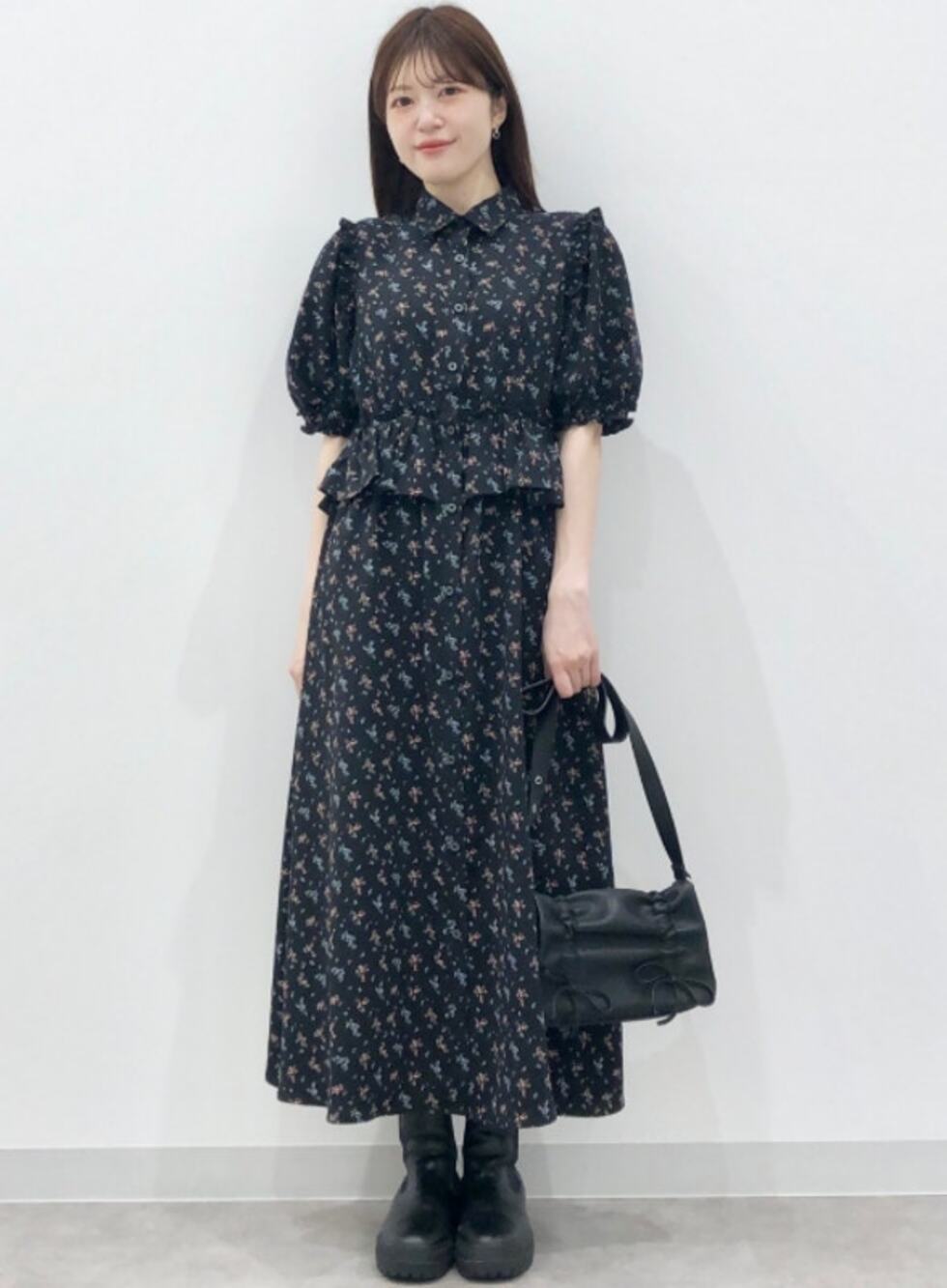 rokh x GU Floral Shirt Dress Puff Sleeve Ruffle Peplum Maxi Cottagecore Midi